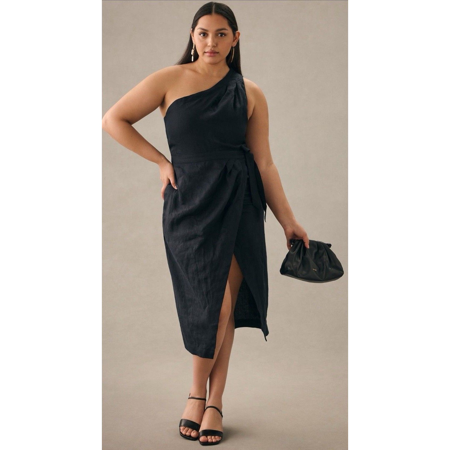 Anthropologie Midi Dress Women Black One Shoulder Classic Linen Preppy Sz 10 New